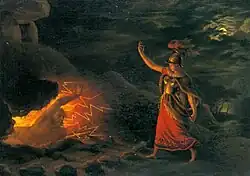 Hervor awakens Angantyr to demand the sword Tyrfing.