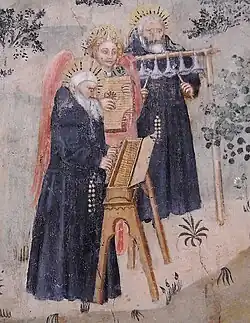 Detail from scene 5, holy people playing clavichord, psaltery and bells.