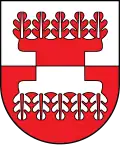 A coat of arms depicting five red leaves in a straight, horizontal row on a grey background at the top and five grey leaves on a red background at the bottom