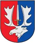 A coat of arms depicting a silver-bladed sword with a golden hilt standing erect between the silver antlers of a silver moose head