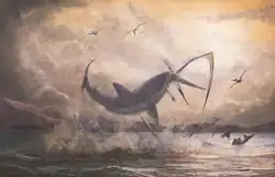 Digital painting depicting a C. mantelli shark breaching to catch a Pteranodon pterosaur