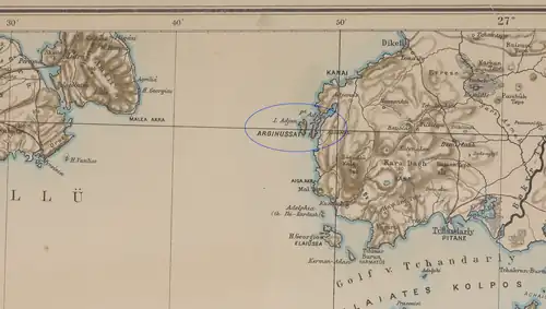 Highlighted map from 1890s indicating the Arginusae islands (now Garip Islands and Kalem Island). Original map by Heinrich Kiepert (1818–1899)