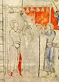 Early 12th century A.D., France. Cymbala players, from Le Roi David musicien, miniature pleine page Bible d'Étienne Harding, Ms.14, f.13v