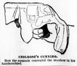 Illustration of how Czolgosz's gun was concealed. Chicago Eagle, September 14, 1901