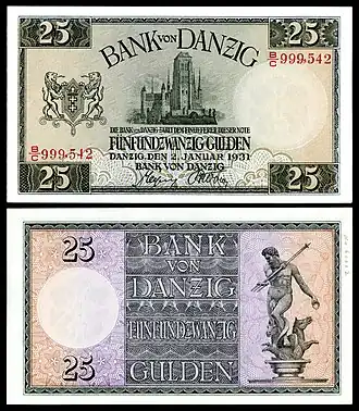 25 Danzig Gulden note of 1931 depicting St. Mary's Church, then the Protestant Marienkirche.