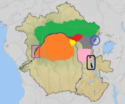 Species considered Central African red colobus are found within the ranges colored in green, red, yellow, gray, dark blue and pink