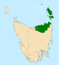 Map of the Tasmanian House of Assembly divisions, Bass highlighted in green.
