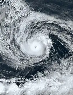 A photograph of Hurricane Dora at peak intensity as a strong Category 4 hurricane over the eastern Pacific Ocean on August 6, 2023.