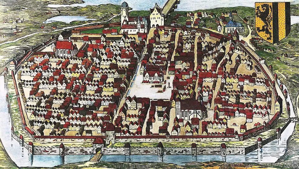 Dresden in 1521 (detail): The earlier church is shown outside the city walls (left of the coat of arms).