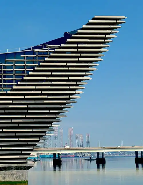 Detail of the V&A museum from the west with the Tay Bridge beyond