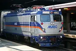 SGP-bodied[7] MARC EMD AEM-7 in Washington, D.C.