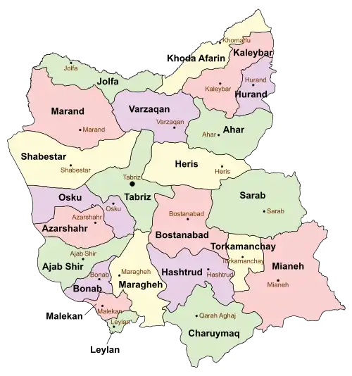 Location of Torkamanchay County in East Azerbaijan province (bottom right, yellow)