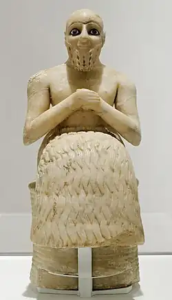 The Statue of Ebih-Il; c. 2400 BC; gypsum, schist, shells and lapis lazuli; height: 52.5&nbsp;cm, width: 20.6&nbsp;cm; discovered by André Parrot at the Temple of Ishtar (Mari, Syria); Louvre