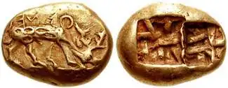 Electrum coin from Ephesus, 620–600&nbsp;BC. Obv.: Stag grazing right, ΦΑΝΕΩΣ (retrograde). Rev.: Two incuse punches, each with raised intersecting lines.