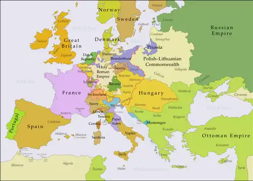Map of political borders in Europe between 1748 and 1766