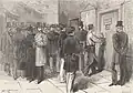 Police commissioners lock up a cell, while a Jesuit prepares to leave on the arm of a member of parliament.