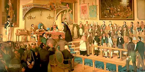 A 20th-century oil painting depicting the signing of the Act of Independence of Central America