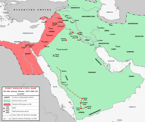A map shaded in pink and green to differentiate areas of control by two warring sides, with campaigns and battles marked with their year of occurrence