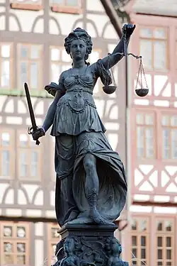 Sculpture of Lady Justice on the Gerechtigkeits­brunnen&nbsp;[de] in Frankfurt, Germany
