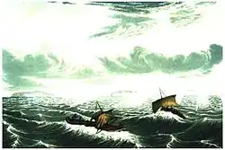 A drawing of two canoes with small sails caught in stormy seas