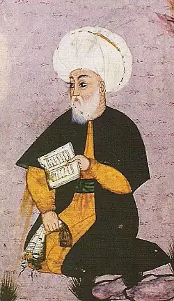 A painting of Fuzuli with a white beard, wearing a red coat with fur trim, holding a book