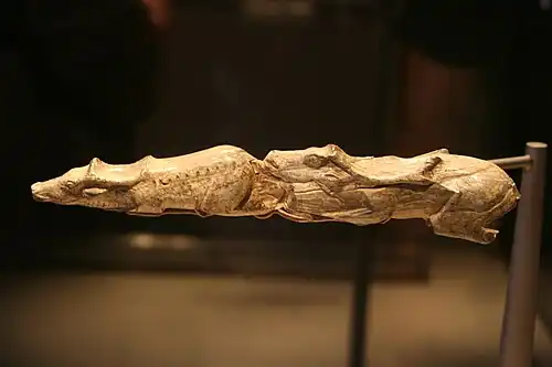 Swimming Reindeer c.&nbsp;13,000 BP, female and male swimming reindeer – late Magdalenian period, found at Montastruc, Tarn et Garonne, France