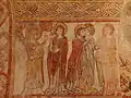 Fresco of the Annunciation and Visitation, 13th ct., crypt of Saint-Laurent-et-Notre-Dame&nbsp;[fr], Gargilesse-Dampierre