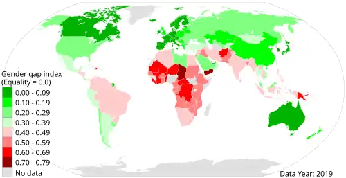 Gender Inequality Index world graph depicting countries' place for 2019; Japan is dark green, in the 0.00-0.09 range, with perfect equality being 0.00.