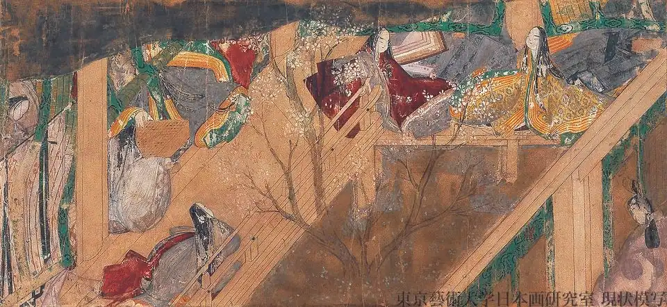 In the late Heian period, the jūnihitoe consisted of many layers (hitoe) worn over a plain kosode and hakama[25] (The Tale of Genji, 12th century).