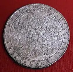 1588 medal stamped by the Middelburg, Zeeland mint to honor God and Maurice of Orange for delivering the United Provinces from the Spanish Armada.[1]