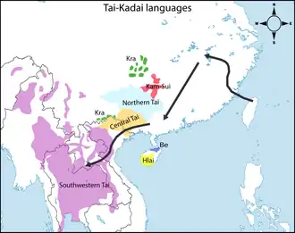 Kra–Dai migration route according to Matthias Gerner's Northeast to Southwest Hypothesis.[15]