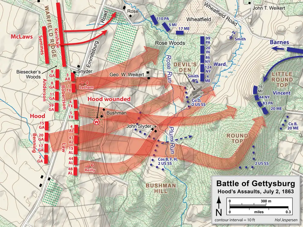 The first wave of Hood's assault, 17th Maine fires on flank of the 3rd Arkansas