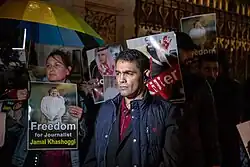 Ghanem al-Dosari at a protest outside the Natural History Museum, London on 11 October 2018, after the disappearance of Jamal Kashoggi.