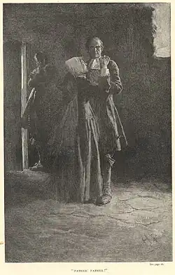"Father! Father!" Engraved illustration by Howard Pyle, to accompany "Giles Cory, Yeoman," a play by Mary E. Wilkins, Harper's New Monthly Magazine, Volume LXXXVI, 1893, p.&nbsp;33.