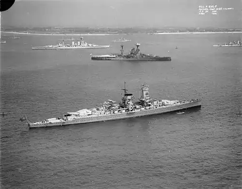 Admiral Graf Spee at Spithead in 1937; HMS&nbsp;Hood and Resolution lie in the background