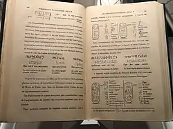 Photography of an old open book, its pages yellow-brown, showing some hieroglyphs and a text explaining how to translate them.