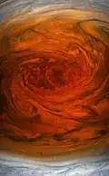 Closeup of the Great Red Spot taken from about 8,000&nbsp;km (5,000&nbsp;mi) above it (11 July 2017)