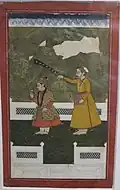 Painting of Guru Har Krishan (left) fanned by an attendant, circa 1700–1750