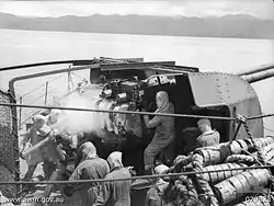 Twin guns of HMAS&nbsp;Swan bombarding shore positions in New Guinea, February 1945