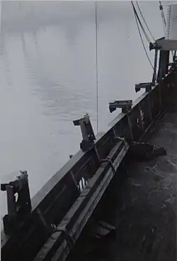Bulwark of HMS Largs showing 4 (of about 60) diffused lighting fittings, 2 lifted, 2 deployed
