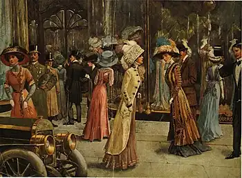 Fashion plate of 1909 showing Londoners walking in front of Harrods