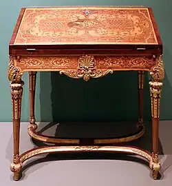 Baroque slant-front desk; by Heinrich Ludwig Rohde or Ferdinand Plitzner; c.1715–1725; marquetry with maple, amaranth, mahogany, and walnut on spruce and oak; 90 × 84 × 44.5&nbsp;cm; Art Institute of Chicago[59]