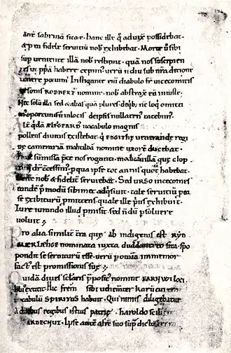 A carefully handwritten page with 27 lines of text arranged into a bit more than 4 paragraphs. Each line contains about 8 lowercase Latin words. No illustrations, just lines of black text on cream coloured parchment.