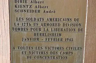 Plaque on the 50th Anniversary of World War II Memorial, Herrlisheim, France