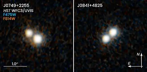 These two NASA/ESA Hubble Space Telescope images reveal two pairs of quasars that existed 10 billion years ago and reside at the hearts of merging galaxies.[77]