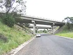 Twin bridges carrying the Hume Highway over Greenhills Road north of Berrima, New South Wales.