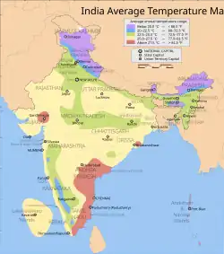 Average annual temperatures across India: Lavender is Below 20.0 °C (< 68.0 °F), blue is 20.0–22.5 °C (68.0–72.5 °F), green is 22.5–25.0 °C (72.5–77.0 °F), yellow is 25.0–27.5 °C (77.0–81.5 °F), and red is Above 27.5 °C (> 81.5 °F)