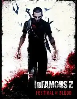 Cole MacGrath, equipped with a sword-shaped "amp" on his back, stands menacingly in front a white background that has a red-edged black growth at the bottom, as bats fly behind him.