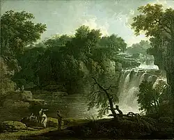 Painting of a waterfall with small human figures.