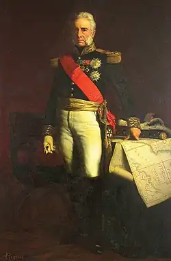 Print shows a man with wavy hair and long sideburns looking directly at the viewer. He wears a dark military uniform with locks of gold lace.